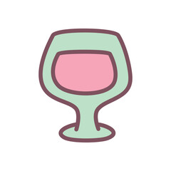Cute wine glass icon. Transparent goblet filled with rose-colored liquid, perfect for dining, holidays, or autumn-themed designs. Vector 10 EPS.