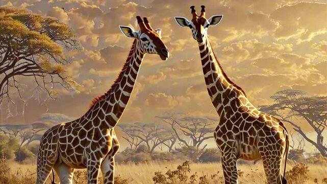 Beautiful giraffes against the backdrop of the wild savannah. Graceful animals with long necks in the rays of the setting sun. Africa, tourism, national park, wild nature