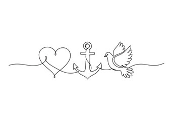 Continuous line drawing of heart anchor and bird symbolizing lov