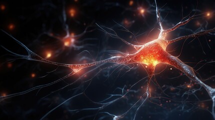 Closeup of a glowing neuron network highlighting electric impulses and connectivity