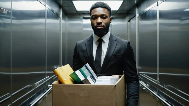 Confident businessman in elevator holding box, symbolizing career growth and promotion