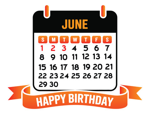 June Calendar with Happy Birthday Dates, Calendar with dates in the month of June on a white background