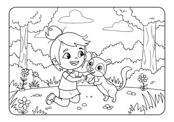 Fototapeta premium Charming Coloring Book Page, Little Girl Interacting with Adorab