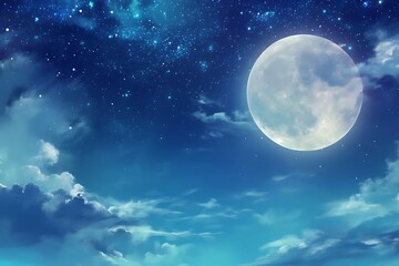 Fototapeta premium A full moon shines brightly in the night sky, surrounded by twinkling stars and swirling clouds