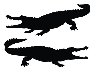 Crocodile and Alligator Silhouettes, Black Vector Reptile Icons, silhouette of a crocodile, Crocodile silhouette vector illustration
