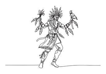 Mystical Male Shaman Continuous Line Art Illustration in Black a