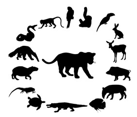 Jaguar diet set vector silhouette isolated. Silent killer, hungry wild cat hunting. Hunter animal need food. Ambush attack hunt for prey. Panther lurking. Caiman, monkey, deer, snake, bird, boar...