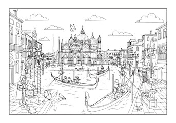 Fototapeta premium Venice Canal Scene in Black and White Coloring Book Illustration