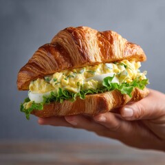 Hand holding a croissant sandwich filled with egg salad (1)