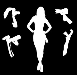 Handsome woman posing paparazzo photographers crew vector silhouette illustration isolated. Fashion pose attractive girl shape. Sexy lady. Female figure shadow. glamour top model casting miss universe