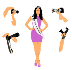 Handsome woman posing for camera paparazzo photographers crew vector illustration isolated. Fashion pose attractive girl smiling. Sexy lady. Female figure shape glamour top model casting miss universe