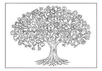 Fototapeta premium Intricate tree of knowledge illustration with key elements, perf