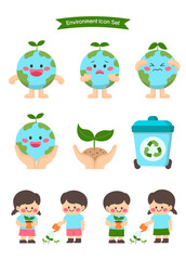 Cute Earth Character with Kids Recycling and Planting Trees | Environmental Awareness Vector