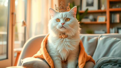 in a modern apartment on a pillow sits an important spoiled domestic cat in a crown
