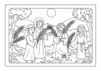 Detailed black and white line art illustration of Palm Sunday sc