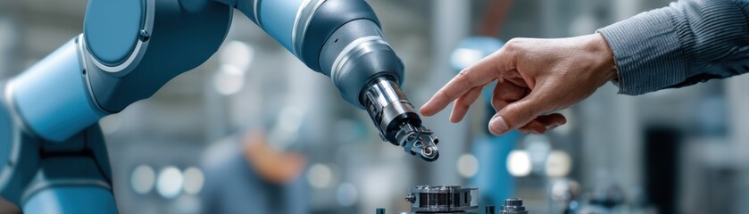 Industrial cobot handing component to technician