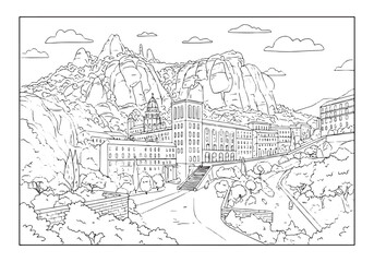 Fototapeta premium Coloring Page of Montserrat Monastery in Spain, A Detailed Black