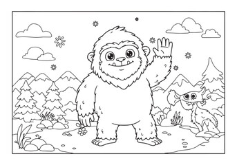 Naklejka premium Adorable yeti waving hand in a winter wonderland coloring advent