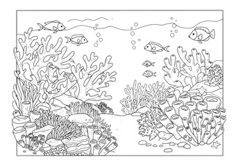 Fototapeta premium Intricate Underwater Coral Reef Coloring Page with Fish and Bubb