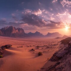 Desert sunset panorama. Dramatic light on vast landscape