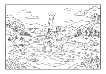 Jesus baptism by John the Baptist in Jordan River coloring page