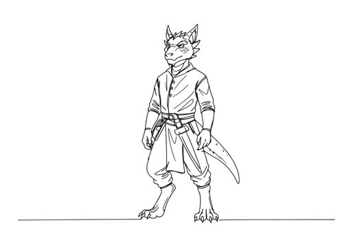 Continuous line drawing of a male Kobold standing, showcasing it