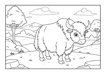 Yak Animal Coloring Page for Kids, Educational Black and White I