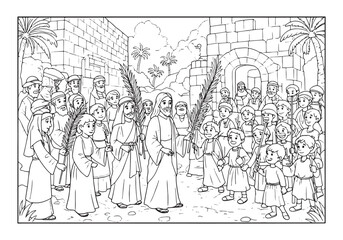 The triumphant entry into Jerusalem coloring page for children,