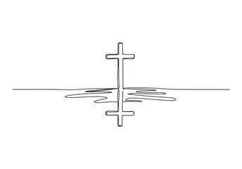 Continuous line drawing of a christian cross with water reflecti