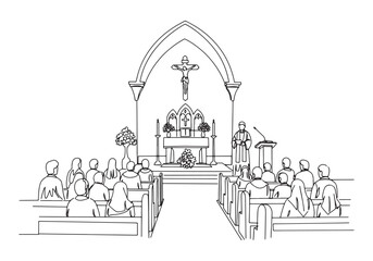 Obraz premium Continuous Line Drawing of Church Service with Priest and Congre