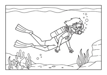 Fototapeta premium Enchanting underwater adventure, a coloring book page of a scuba