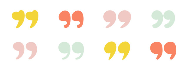 Doodle quotation mark. Hand drawn color comma set for speech bubble. Vector comic apostrophe icon for conversation. Sketch scribble signs. Punctuation symbol on white background