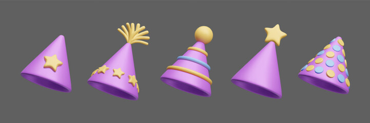Purple birthday party hats 3D style vector icon set. Different colorful triangle shape cone hats surprise party decor element. 3D anniversary celebration pack, fun and happy festive birthday caps.