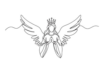 Obraz premium Elegant continuous line drawing of an angel with wings and a cro