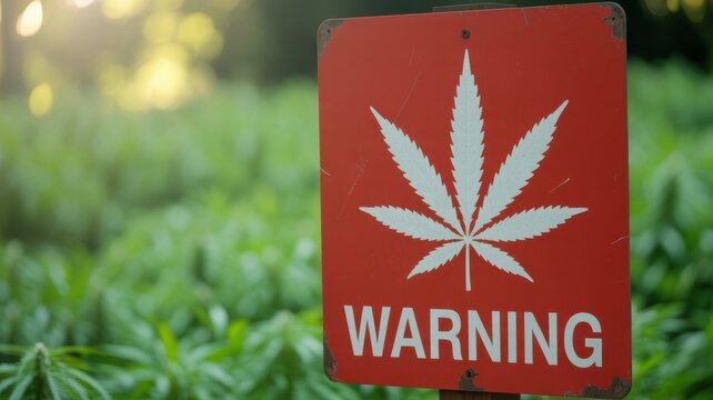 Close-up of red warning sign with cannabis leaf symbol, caution alert for marijuana and drug awareness, substance abuse prevention concept.
