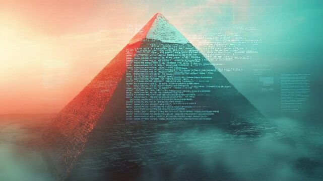 Digital Code Pyramid: A mystical code pyramid emerges amidst ethereal clouds, blending ancient architecture with digital script in a fusion of past and future.
