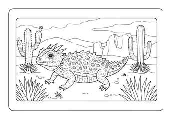 Fototapeta premium Horned Lizard coloring page with desert landscape illustration i