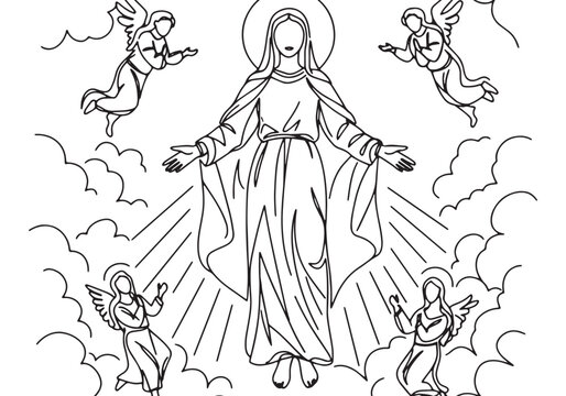 The Assumption of Mary Coloring Page with Angels and Heavenly Li