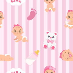 Cute baby girl pink seamless pattern