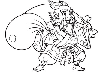 Fototapeta premium Coloring book illustration of Hotei, the jolly god of abundance