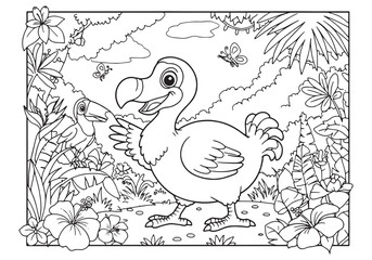 Adorable dodo bird in jungle coloring page illustration, black o