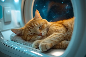 Orange cat sleeps peacefully in cozy space-themed bed during the night