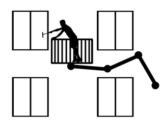 Washer worker washing windows of skyscraper building vector silhouette illustration isolated. Window cleaner working glass facade in crane lift basket platform. Risk job laborer work cleaning glass.