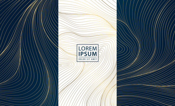 Vector set of golden line wave backgrounds, abstract luxury label package, water premium japanese element. Glitter box design, art deco template.