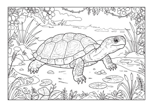 Detailed Coloring Page of a Central American River Turtle and Ha