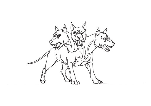 Continuous Line Drawing of Cerberus Three-Headed Dog in Black an