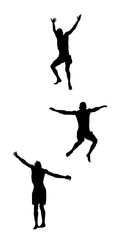 Young boys jumping in water vector silhouette illustration isolated. Man having fun in swimming pool. Cliff jump friends attractive water game on beach. Summer time children activity. Enjoying moment.
