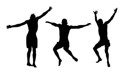 Young boys jumping in water vector silhouette illustration isolated. Man having fun in swimming pool. Cliff jump friends attractive water game on beach. Summer time children activity. Enjoying moment.