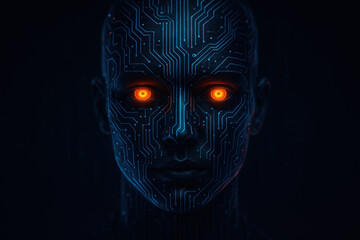 A humanoid with glowing eyes and a circuit.