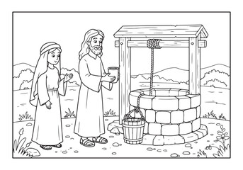 Obraz premium Jesus offering living water to the samaritan woman in coloring b